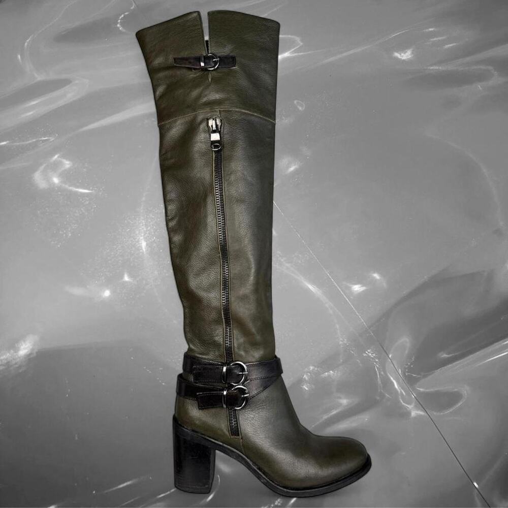 Y2K grunge punk Italian olive green leather over the knee boots with buckles 39